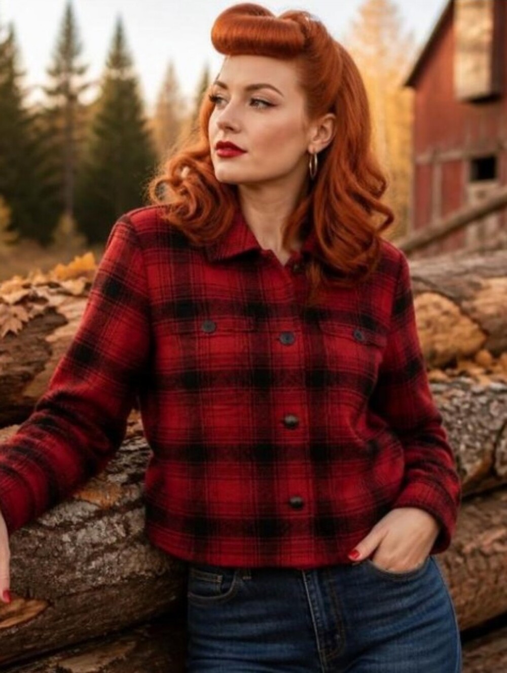 J. Jill Red and Black Plaid Cropped Utility Jacket